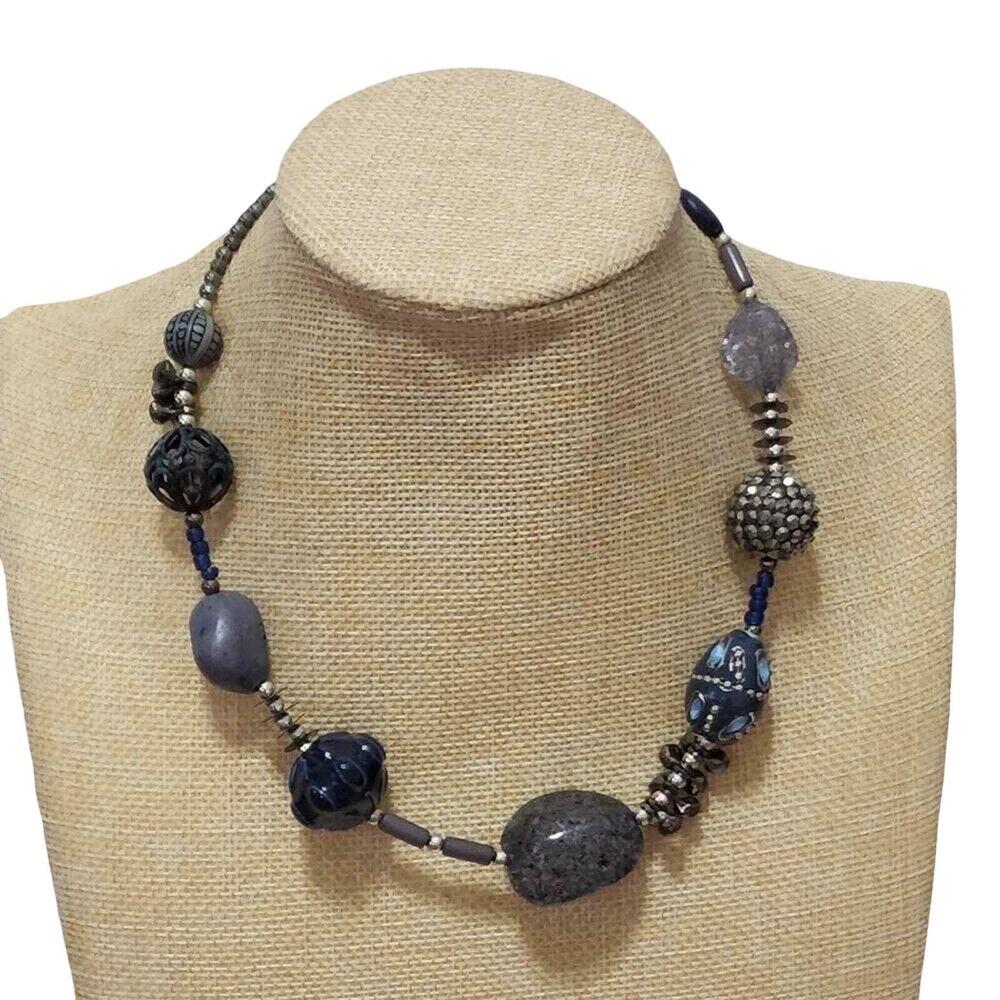 Treska Gypsy Warehouse Blue Grey Mixed Media Chunky Beaded Necklace NWT